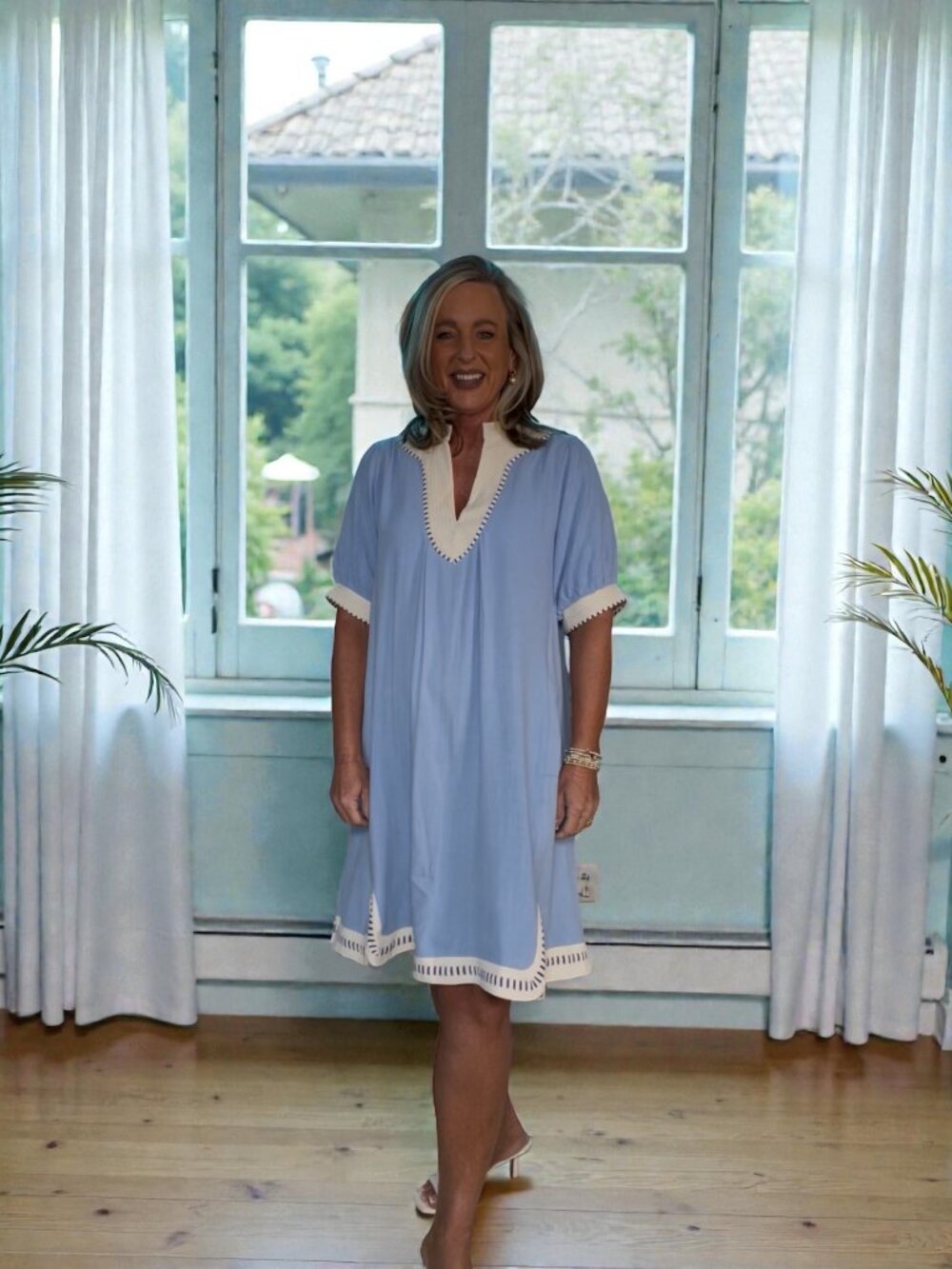 Umgee Powder Blue Midi Dress with White Crochet Trim